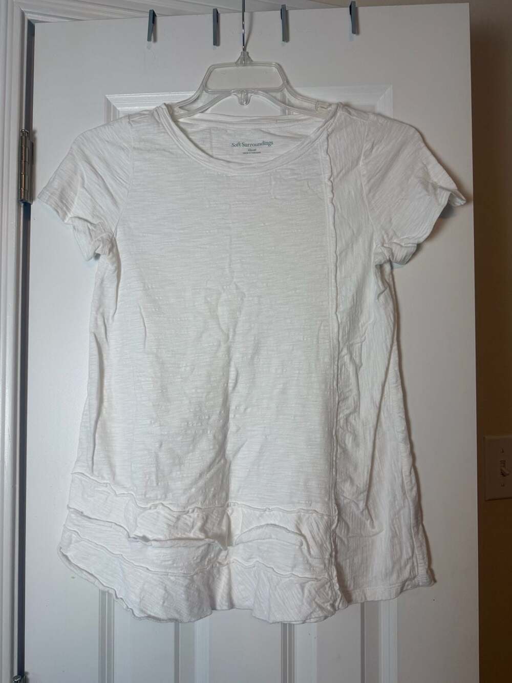 Soft Surroundings T-Shirt Size XSmall White Cotton Raw Edge Ruffle Hem